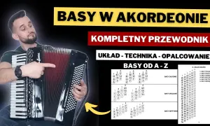 Akordeonista pokazuje układ basów w akordeonie, wyjaśniając różne rodzaje basów, np. basy durowe, molowe i septymowe.