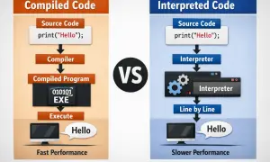 Comparaison entre code compilé et code interprété. Le langage interprété exécute le code ligne par ligne, offrant une flexibilité accrue.
