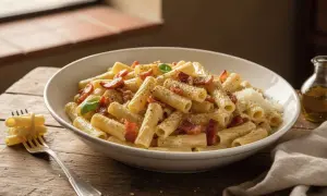 Un piatto di pasta alla gricia fumante, con guanciale croccante e pecorino, pronto per essere gustato.