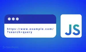 Une fenêtre de navigateur affiche une URL avec un paramètre de recherche, à côté du logo JavaScript.