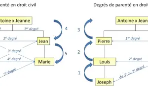Schémas comparant les degrés de parenté en droit civil et canonique, illustrant les liens au sein d'un noyau familial.