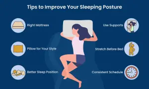 Tips to improve your sleeping posture: right mattress, pillow, supports, stretching, better sleep position, and consistent schedule.