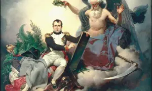 Napoleon siedzi obok skrzydlatego boga, trzymając księgę z napisem "Kodeks Napoleona".