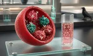 Hba1c co to za badanie? Czerwona krwinka z cząsteczkami hemoglobiny i glukozy, obok probówki z różowym płynem.