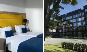 Przytulne pokoje hotelowe z żółtym zagłówkiem i nowoczesny budynek hotelu z kolorowymi oknami.