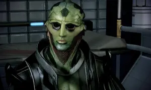 Thane Krios, postać z Mass Effect 2, z zieloną skórą i ciemnymi oczami, w czarnym płaszczu. Jego obecność budzi nadzieję na romantyczne chwile.
