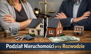 Symboliczny podział mieszkania po rozwodzie: rozdzielony dom, klucze, pieniądze i waga sprawiedliwości.