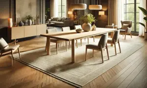 En ljus matta under matbordet ger en varm och inbjudande känsla. Perfekt matta under matbord inspiration för ett modernt hem.