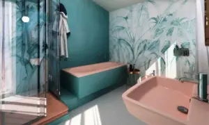 Bagno moderno con vasca rosa e doccia, carta da parati tropicale. Idee per come abbellire un bagno fai da te con stile e colore.