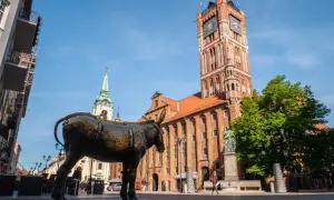 Pomnik osiołka na Rynku Staromiejskim w Toruniu, w tle Ratusz Staromiejski i kościół. Jedna z wielu toruńskich atrakcji.