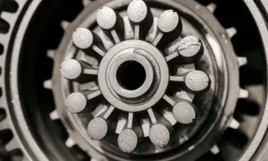 Gros plan d'une pièce mécanique complexe, peut-être une roue dentée ou un moyeu, évoquant une fuite de joint spi boîte de vitesse.