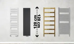 Cztery grzejniki łazienkowe: biały, czarny, złoty i szary. Jeden z nich, grzejnik łazienkowy 1000w, ma 120 cm wysokości.