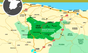 Mapa de la Ruta del Cares, mostrando su inicio en Caín de Valdeón y el Parque Nacional Picos de Europa.
