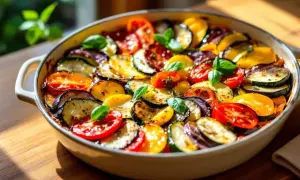 Un tian de légumes coloré, avec des rondelles d'aubergine, de courgette et de tomate disposées en spirale, garni de feuilles de basilic frais.