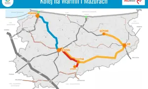 Mapa kolejowa Warmii i Mazur pokazuje połączenia między Olsztynem, Ełkiem, Giżyckiem i Braniewem, z zaznaczonymi trasami i miastami.