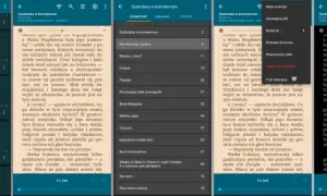 Darmowa aplikacja do czytania książek. Widok biblioteki z okładkami i tytułami, a także ekran czytnika z tekstem i ustawieniami.