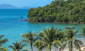 Rajska plaża Ao Nang z palmami, turkusową wodą i łodziami.