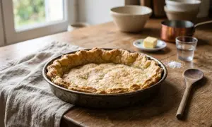 Tarte dorée sur une table en bois, sa pâte brisée croustillante prête à être garnie. Du beurre, du sel et de l'eau sont disposés à côté.
