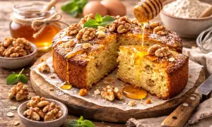 Un délicieux gâteau sans oeuf aux noix, arrosé de miel doré. Parfait pour un goûter gourmand.