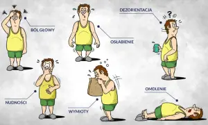 Objawy zatrucia CO2: ból głowy, osłabienie, nudności, wymioty, dezorientacja, omdlenie.