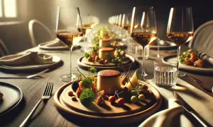 Ett elegant dukat bord med glas fyllda med gyllene vin, redo för en utsökt måltid. Små desserter med bär och frukt väntar. Perfekt vin till mat.