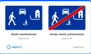 Znak "Strefa zamieszkania" informuje o obszarze, gdzie piesi mają pierwszeństwo, a pojazdy powinny jechać z ograniczoną prędkością.