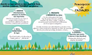 Guía para describir paisajes en primaria: observa, presenta, usa conectores y expresa tu opinión. ¡Pinta con palabras!