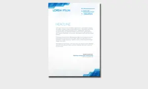 Strona tytułowa z nagłówkiem "LOREM IPSUM" i tekstem nagłówka. Dane kontaktowe i adres firmy.