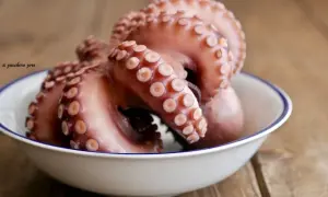 Un poulpe cuit, prêt pour une délicieuse recette. Ses tentacules aux ventouses sont mis en valeur dans un bol blanc sur fond de bois.