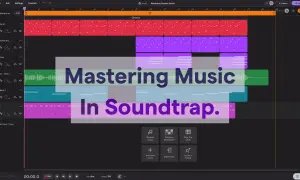 Mastering music in Soundtrap by Spotify. A digital audio workstation interface with multiple tracks and a chorus section.
