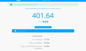 Wynik testu basemark web 3.0: 401.64. Test wykonano na Windows 10 z Chrome.