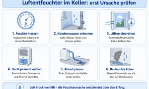 Keller nass was tun? Infografik zeigt 6 Schritte: Feuchte messen, Kondenswasser erkennen, Lüften prüfen, Gerät wählen, Ablauf planen, Baufeuchte klären.