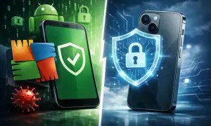 Szukasz dobrego antywirusa na telefon za darmo? Obraz przedstawia ochronę smartfonów przed wirusami i zagrożeniami cyfrowymi.