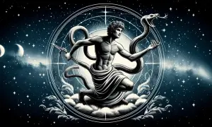 Wężownik, znak zodiaku, w otoczeniu gwiazd i księżyców, walczy z wężem.