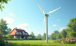 Zielony trawnik, dom z czerwonym dachem i wiatrak na tle błękitnego nieba. Czy pomocna ekipa PGNiG jest obowiązkowa przy takiej instalacji?