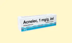 Opakowanie żelu Acnelec 1 mg/g z adapalenem, przeznaczonego do stosowania na skórę.