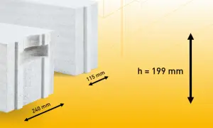 Bloki gazobetonu o wymiarach 240 mm i 115 mm, z zaznaczoną wysokością h=199 mm. Oblicz ile gazobetonu na m2 potrzebujesz.