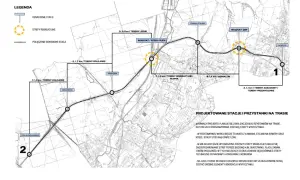 Mapa projektowanych tras rowerowych w Rybniku z zaznaczonymi stacjami, strefami rekreacyjnymi i połączeniami.