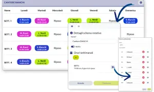 Interfaccia per la gestione turni di lavoro con schema settimanale e dettagli per il cantiere Bianchi.