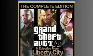 Okładka gry Grand Theft Auto IV: The Complete Edition z postaciami Niko, Johnny'ego i Luisa. Logo PS5.