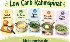 Schritt-für-Schritt-Anleitung für ein leckeres Low Carb Rahmspinat rezept: Zwiebel schneiden, in Butter dünsten, Spinat auftauen, Frischkäse einrühren und cremig köcheln lassen.