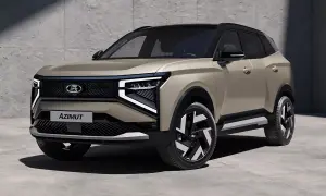 En modern, beige rysk bil, Lada Azimut, med futuristiska strålkastare och en distinkt grill står parkerad framför en betongvägg.