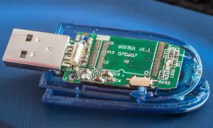 Rozłożony pendrive z widoczną zieloną płytką drukowaną i złączem USB. Dylemat: ntfs czy fat32 dla tej pamięci?
