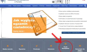 Na stronie głównej Wielkopolskiej Izby Rzemieślniczej widnieje baner z pytaniem "Jak wygląda egzamin czeladniczy?". Podkreślono sekcję "Profil Kandydata".