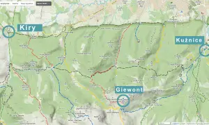 Mapa Tatr z zaznaczonymi szlakami. Widać szczyty takie jak Giewont, Kasprowy Wierch i Dolina Kościeliska. Podano informacje o tym, ile się wchodzi na Giewont.