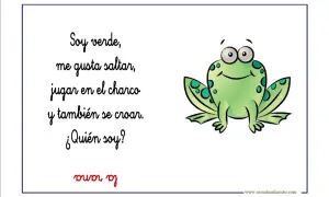 Adivinanzas de animales: Soy verde, me gusta saltar, jugar en el charco y croar. ¿Quién soy? ¡La rana!
