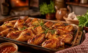 Bandeja con alitas de pollo al horno doradas y jugosas, decoradas con hierbas frescas. Al fondo, un fuego crepitante y ajos.