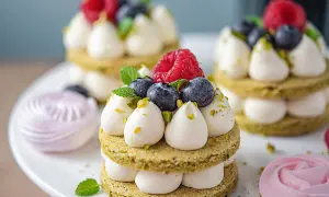 Délicieux petits gâteaux pistache-chocolat blanc, garnis de fruits rouges et de menthe. Parfait pour une recette ganache montée chocolat blanc.