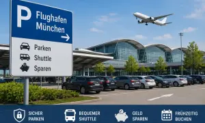 Parkplatz am Flughafen München mit Shuttle-Service und Sparmöglichkeiten. Ein Flugzeug startet im Hintergrund.