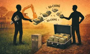 Un costruttore con progetti scambia denaro oltre il confine di proprietà, simboleggiando il diritto di accessione e il profitto.